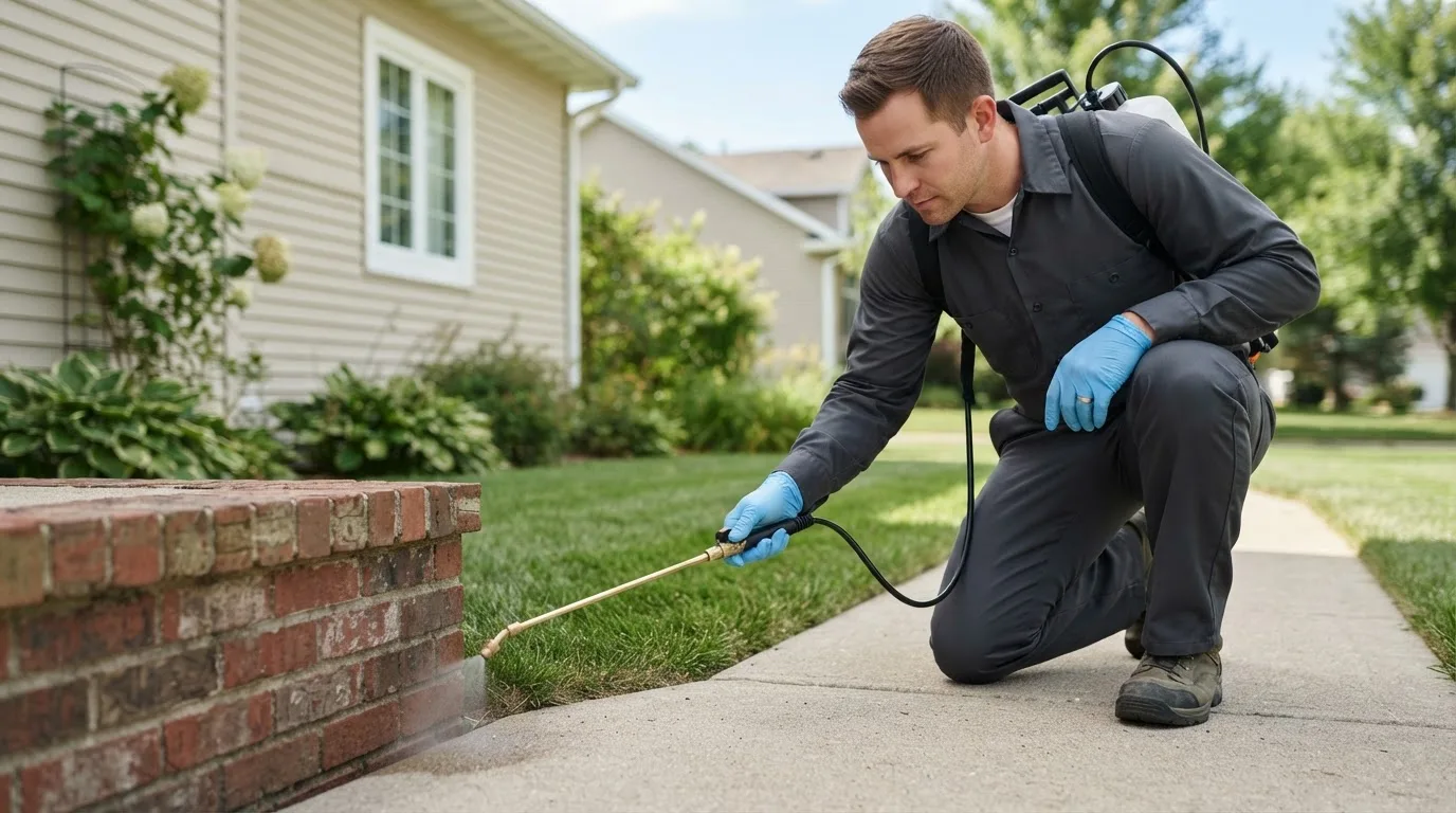 Pest control technician treating a home near West Lafayette, IN