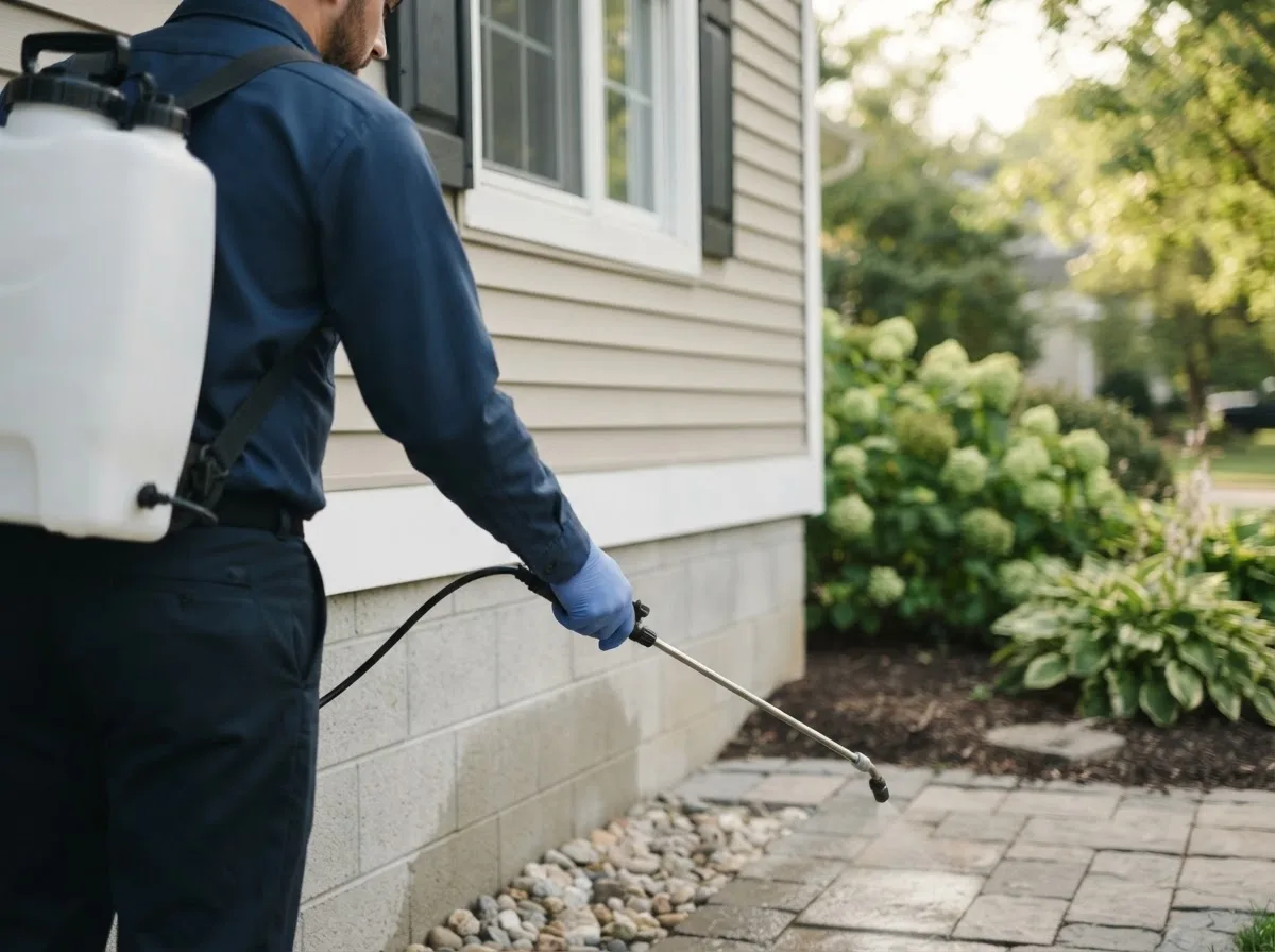 Pest control technician inspecting a home in West Lafayette, IN